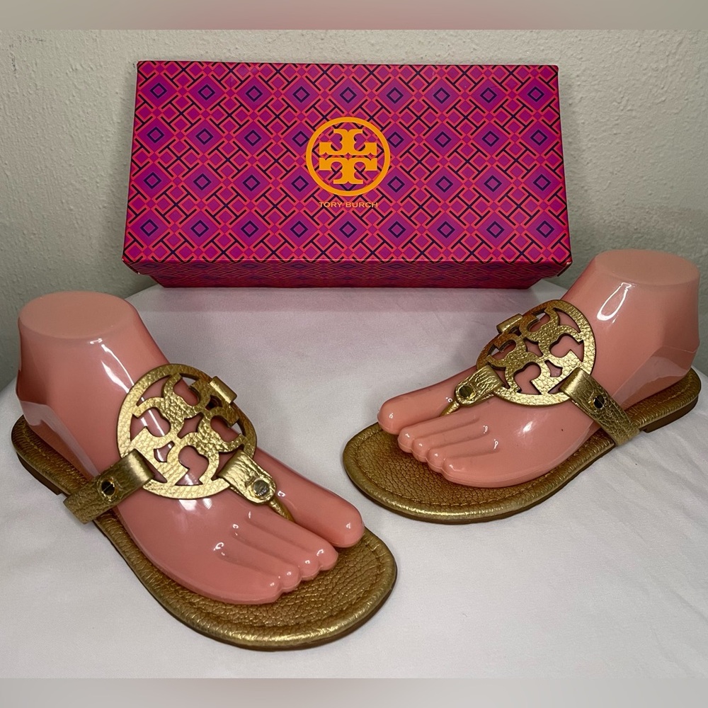 Authentic Tory Burch Miller Gold Leather Sandals sz 9.5